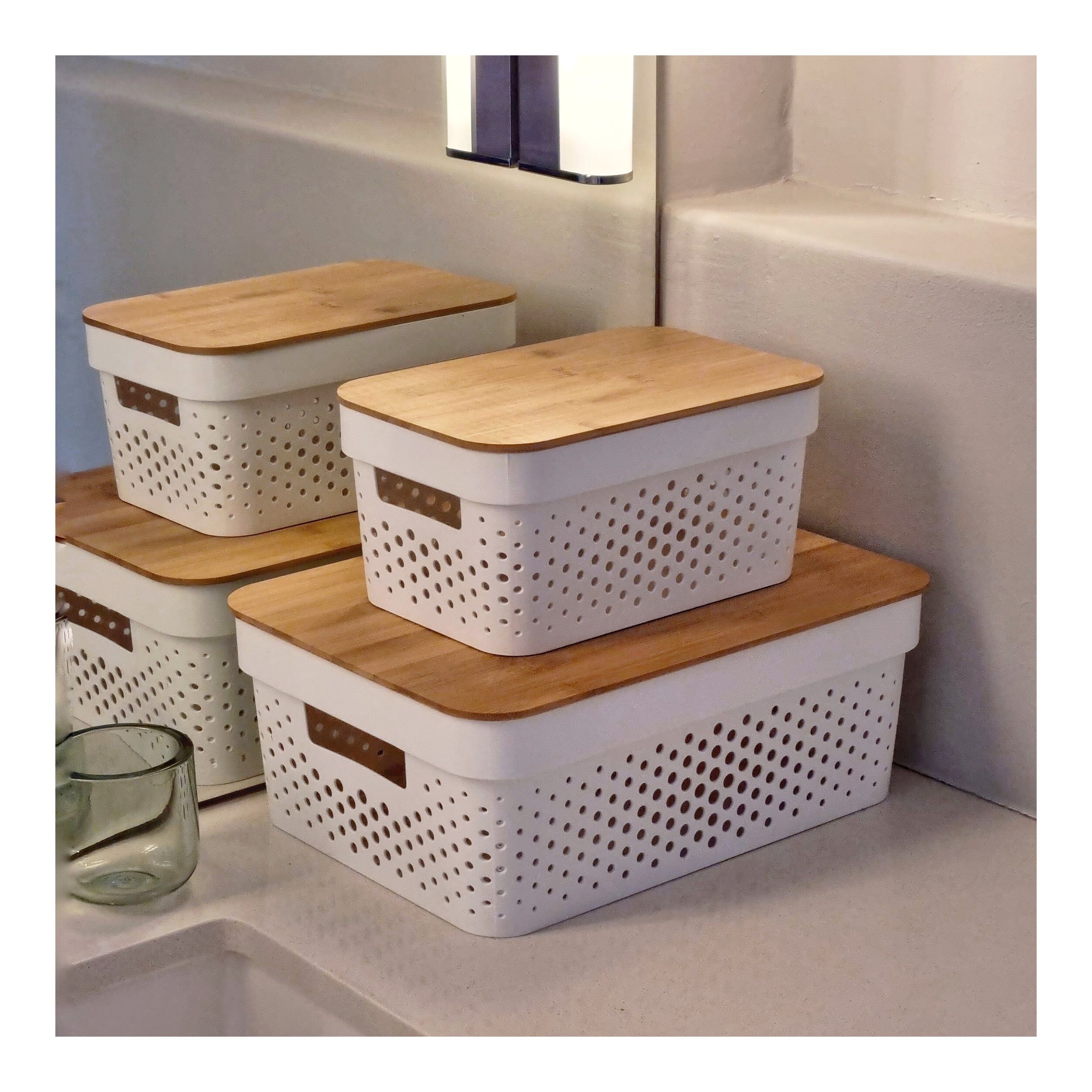 White storage bin with bamboo lid