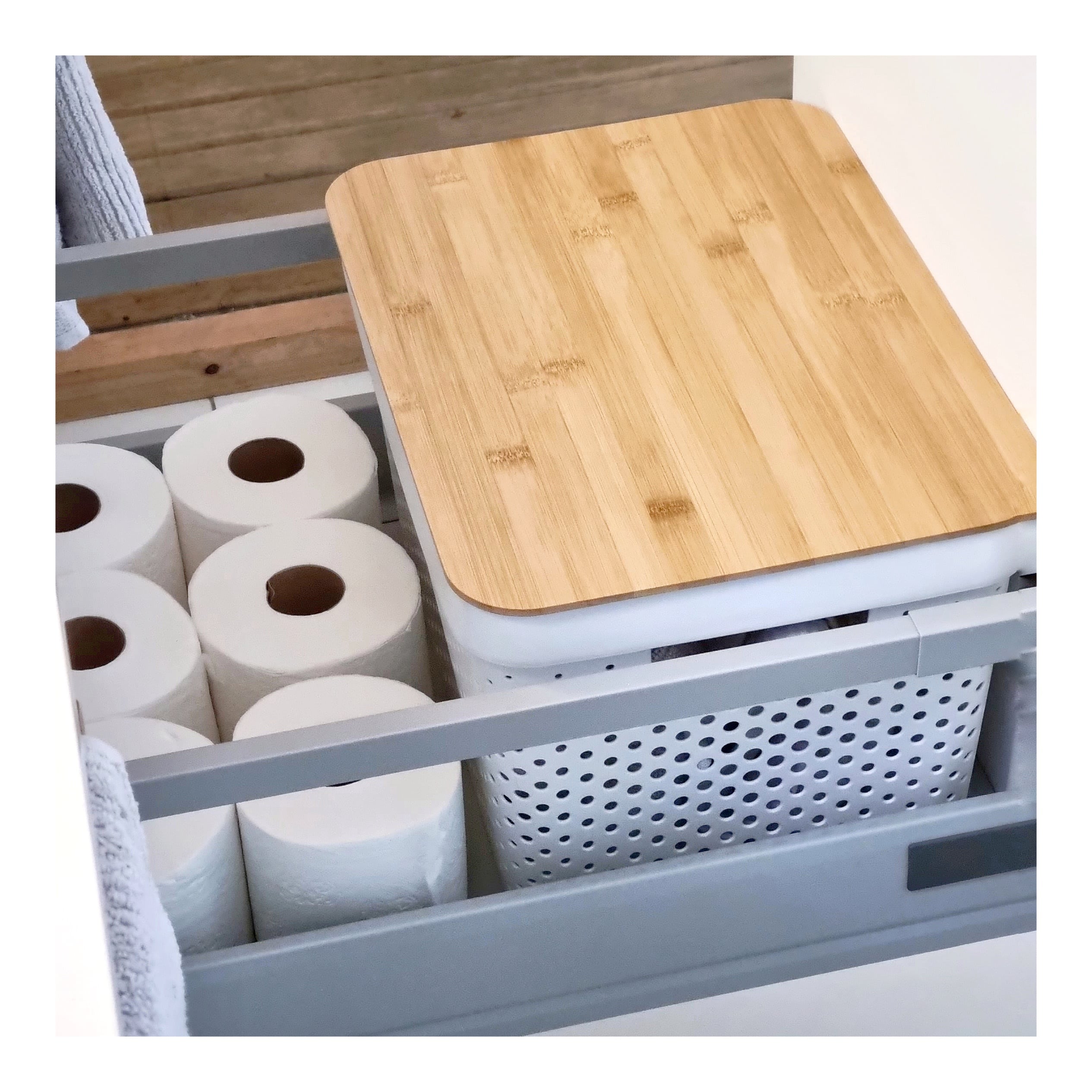 White storage bin with bamboo lid