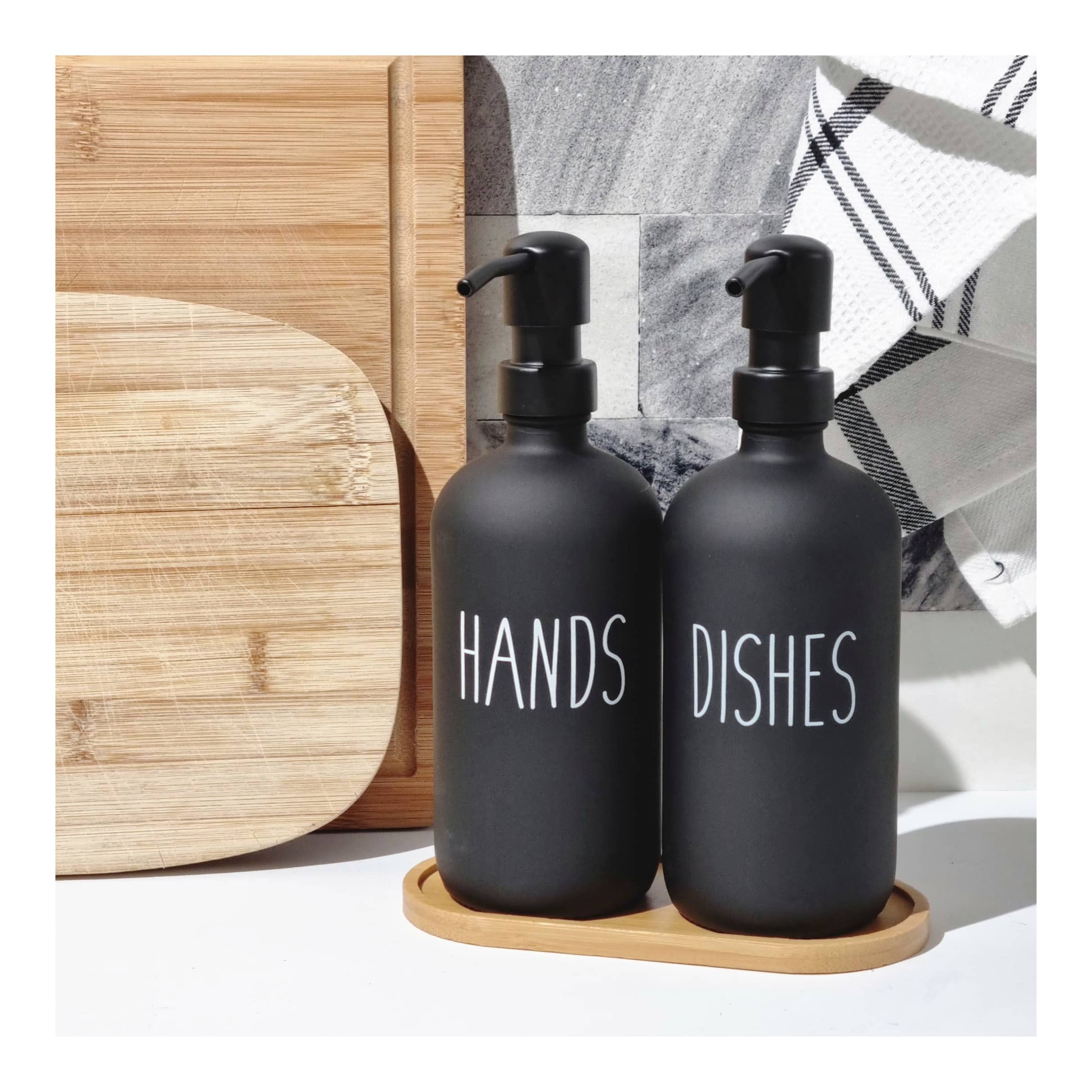 Hands & Dishes Pump bottles with bamboo tray