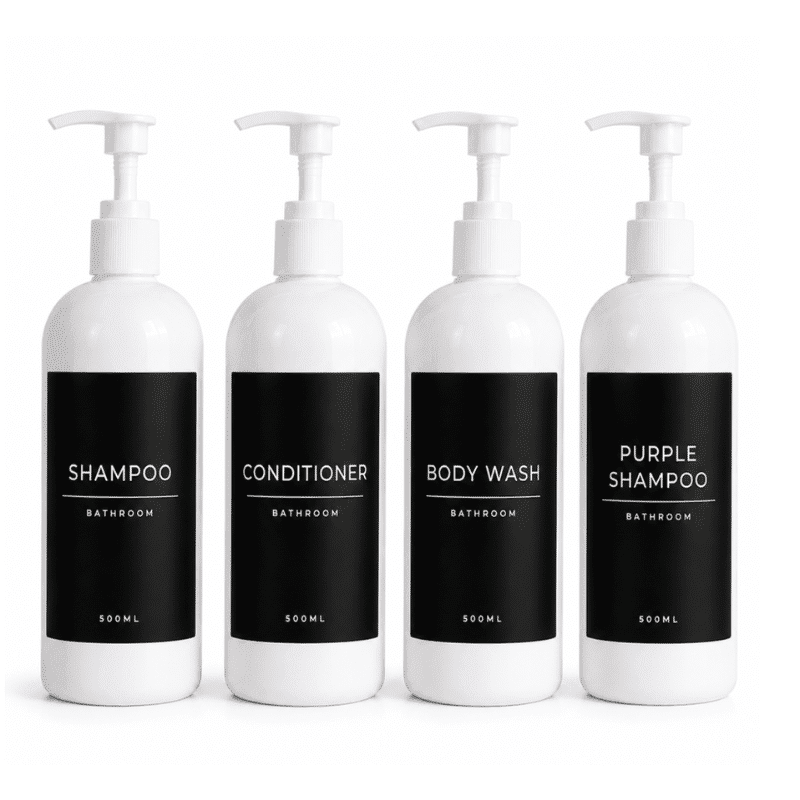 4 Pack White 500ml Pump Bottles with Water Resistant Labels