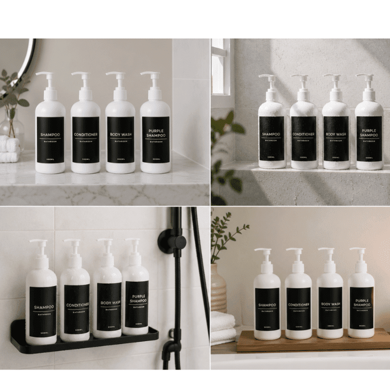 4 Pack White 500ml Pump Bottles with Water Resistant Labels